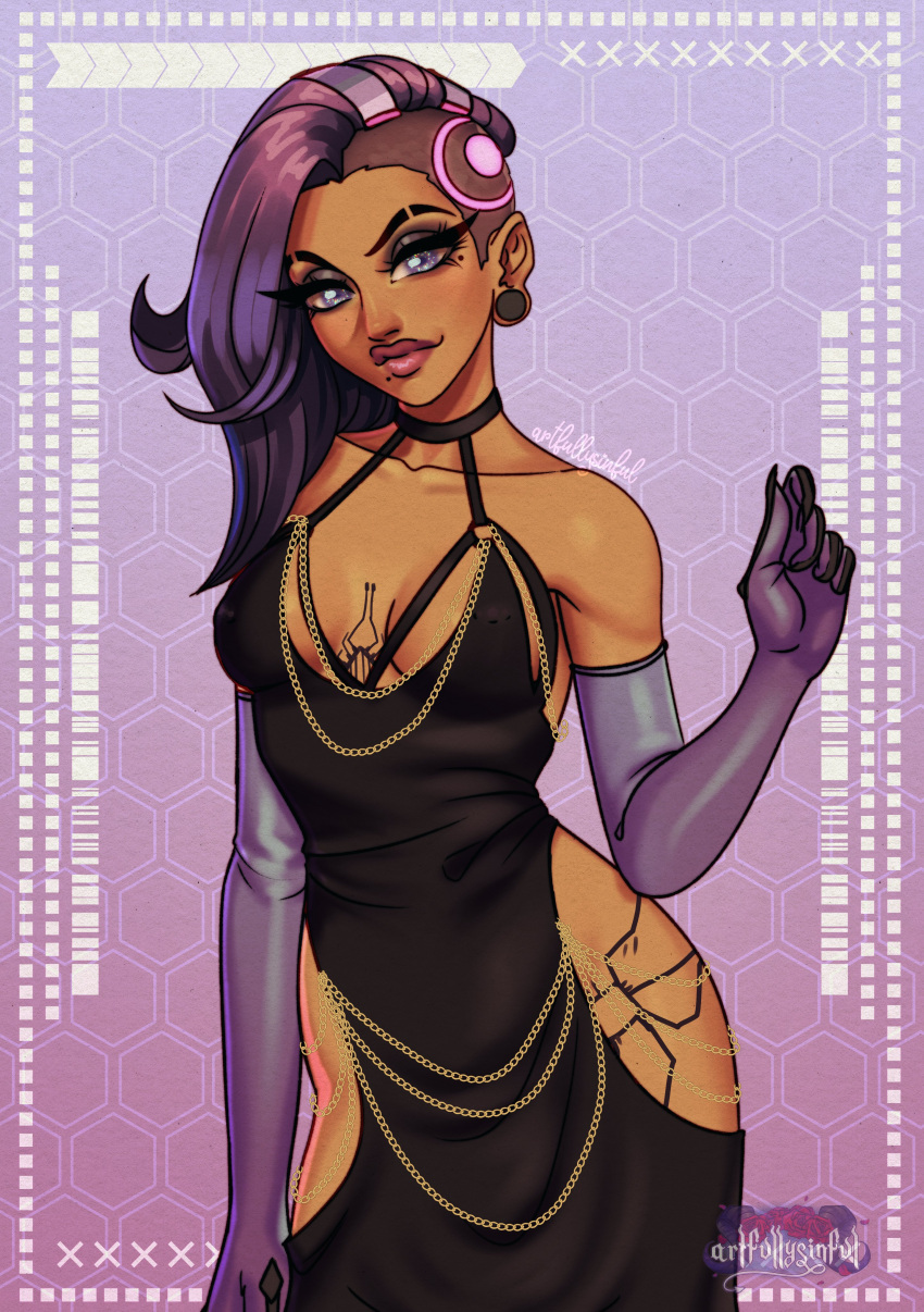 1girl absurdres artist_name black_dress breasts chest_tattoo cleavage dress elbow_gloves gauge gloves highres leg_tattoo ornate_border overwatch overwatch_2 plug_(piercing) purple_gloves purple_hair shaved_head sombra_(overwatch) tattoo