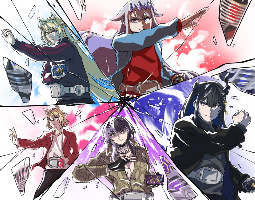 5girls asymmetrical_horns black_choker black_gloves black_hair black_jacket blue_hair blue_jacket breasts brown_jacket choker colored_inner_hair demon_horns dork_ill fingerless_gloves fuwawa_abyssgard gloves grey_hair hair_ornament hairpin henshin_pose holoadvent hololive hololive_english horns jacket kamen_rider kamen_rider_ryuki_(series) koseki_bijou large_breasts long_hair mococo_abyssgard multicolored_hair multiple_girls nerissa_ravencroft pink_hair red_eyes red_jacket red_shirt rider_belt shiori_novella shirt siblings sisters small_breasts split-color_hair streaked_hair striped striped_jacket twins virtual_youtuber x_hair_ornament