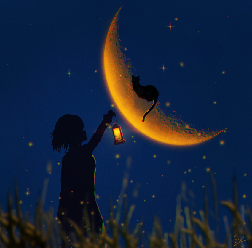 1girl arm_up blurry blurry_foreground cat cowboy_shot crescent_moon forced_perspective from_side grass highres holding holding_lantern lantern light_particles looking_up moon nature night night_sky orange_moon original scenery short_hair silhouette sky skyrick9413 solo star_(sky)