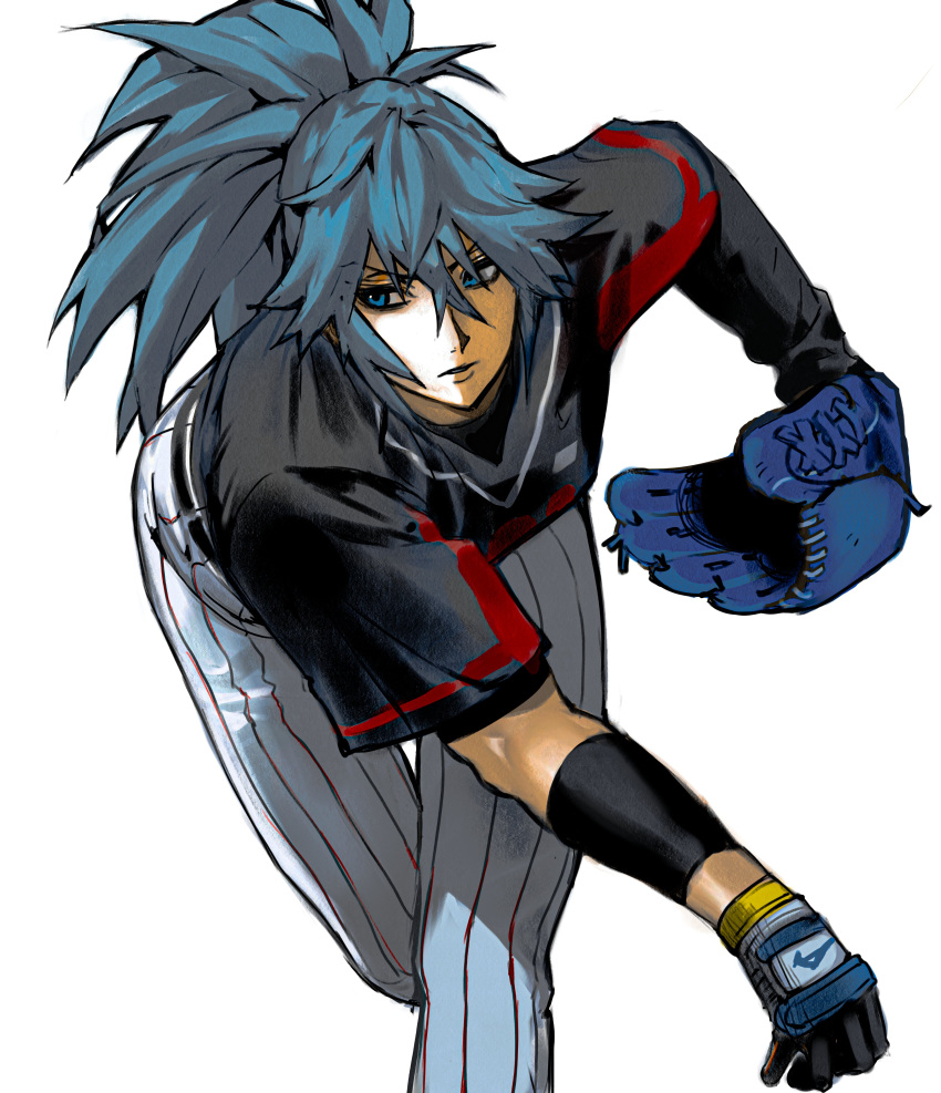 1girl absurdres baseball baseball_jersey baseball_mitt baseball_uniform blue_eyes blue_hair highres layered_sleeves leona_heidern long_sleeves pants pitching playing_sports ponytail short_over_long_sleeves short_sleeves simple_background solo sportswear the_king_of_fighters white_background white_pants zolapunch