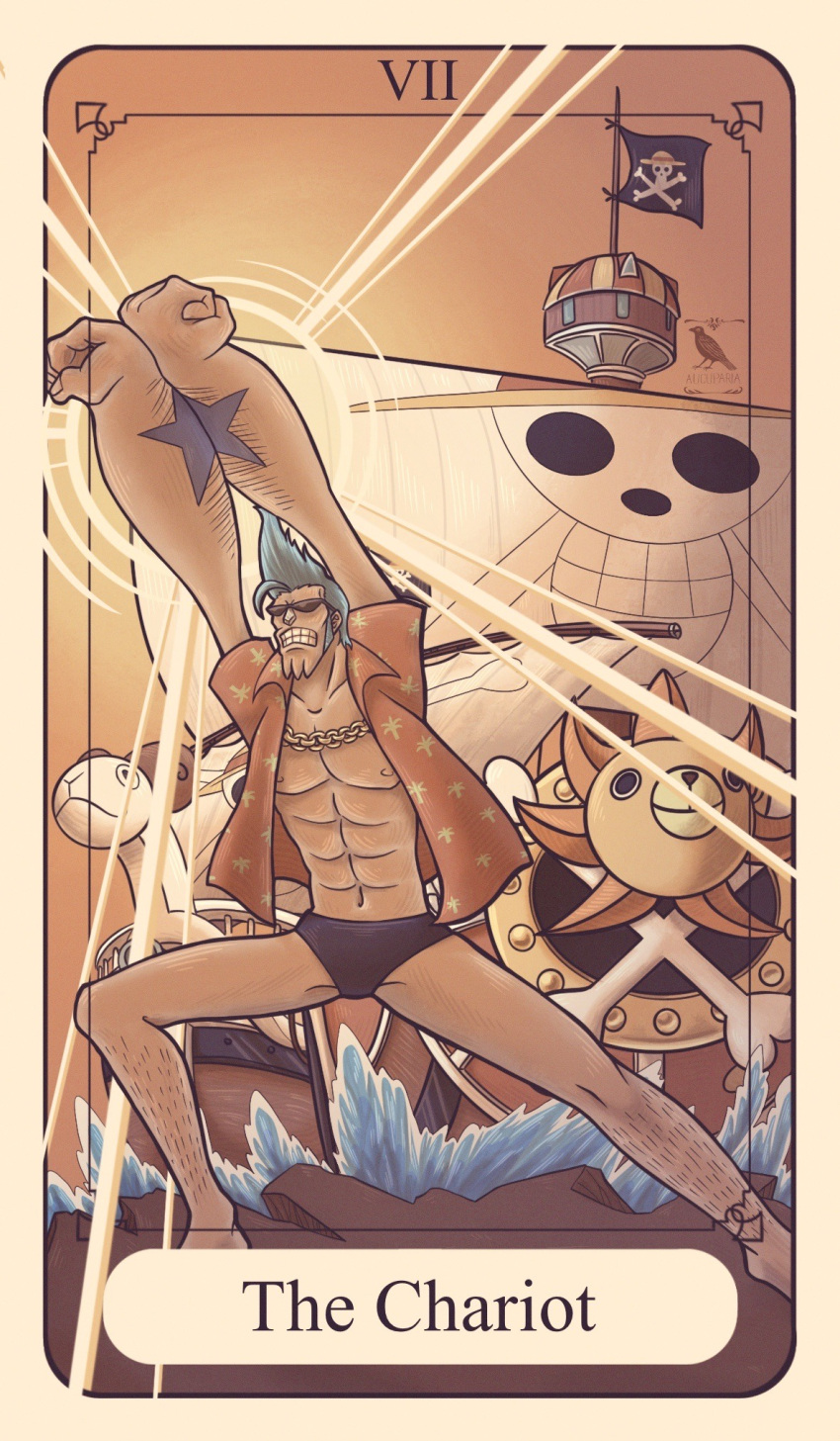 1boy abs arm_tattoo artist_name aucuparia blue_hair card_(medium) chain_necklace clenched_teeth commentary english_commentary english_text franky_(one_piece) hawaiian_shirt highres jewelry jolly_roger long_sideburns male_focus necklace one_piece open_clothes ship shirt short_hair short_sleeves sideburns signature skull_and_crossbones solo spiked_hair star_(symbol) sunglasses tarot tarot_(medium) tattoo teeth thousand_sunny watercraft
