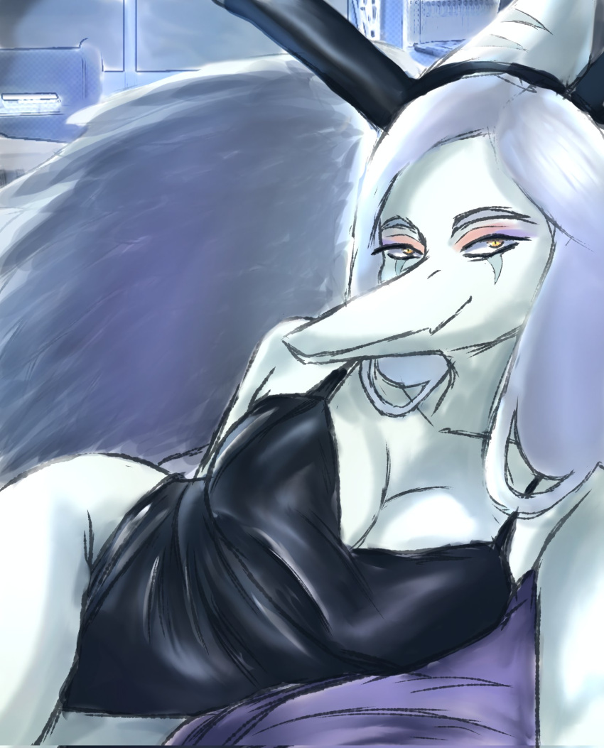 2023 amber_eyes anthro bedroom_eyes breasts bunny_costume cleavage clothed clothing costume curvy_figure dark_rya detailed_background digital_drawing_(artwork) digital_media_(artwork) dinosaur extinct eyelashes eyeliner fake_ears fake_rabbit_ears fang_(gvh) female goodbye_volcano_high grey_body grey_scales hair hi_res inside leotard long_hair looking_at_viewer lying makeup narrowed_eyes on_side prehistoric_species pterodactylus pterosaur reptile scales scalie seductive silver_hair smile snout solo wide_hips