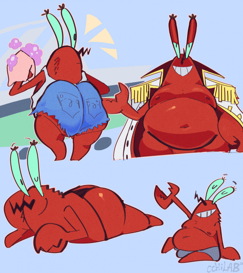 2022 age_difference arthropod artist_name bathing belly big_belly big_butt blue_background bottomwear butt cchilab chubby_male clothing crab crustacean cutoffs dated decapoda denim denim_clothing digital_media_(artwork) hi_res malacostracan male marine meme moobs mr._krabs multiple_images nickelodeon older_male red_body red_skin shorts signature simple_background slightly_chubby smile solo speedo spongebob_squarepants swimwear year