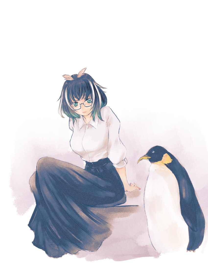 1girl bird black-framed_eyewear black_hair black_skirt blue_hair breasts closed_mouth collared_shirt full_body glasses grey_wings head_wings highres long_skirt long_sleeves looking_at_viewer medium_bangs medium_breasts medium_hair multicolored_hair nanashi_inc. oura_rukako penguin shirt shirt_tucked_in sitting skirt smile solo streaked_hair virtual_youtuber white_background white_hair white_shirt wings yomoyamashihtzu