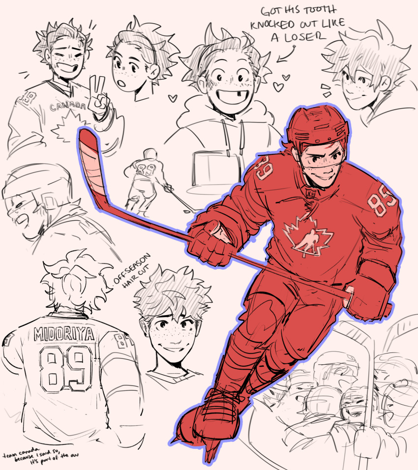 1boy alternate_costume alternate_universe boku_no_hero_academia canada character_name closed_eyes closed_mouth commentary english_commentary english_text freckles full_body gloves grin group_hug habkart heart highres hockey_stick holding hood hood_down hoodie hug ice_hockey ice_skates male_focus midoriya_izuku missing_tooth monochrome multiple_views open_mouth shirt short_hair simple_background skates smile teeth v