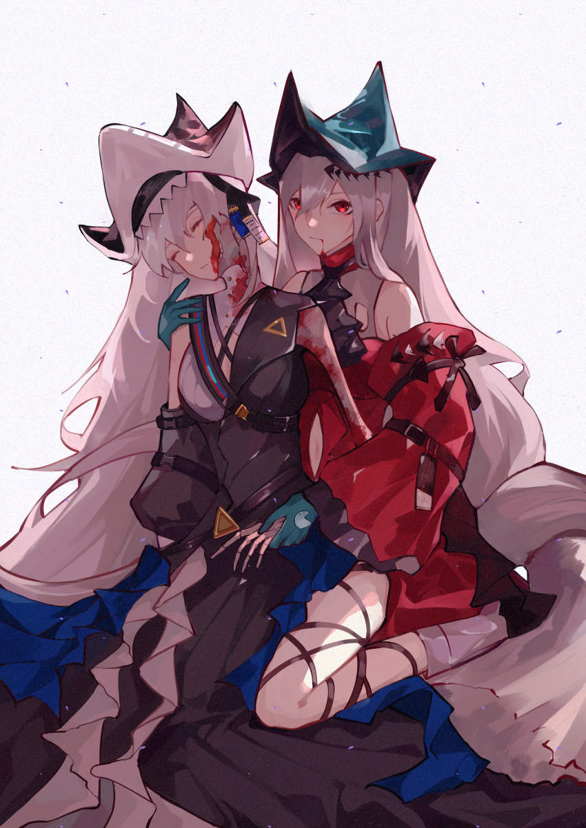2girls absurdres ampheta arknights bare_shoulders black_dress black_headwear blood blood_from_mouth blue_gloves blue_headwear closed_eyes closed_mouth commentary_request detached_sleeves dress gloves grey_background grey_hair hair_between_eyes hat head_tilt highres long_hair long_sleeves multiple_girls red_dress red_eyes red_sleeves skadi_(arknights) specter_(arknights) very_long_hair wide_sleeves