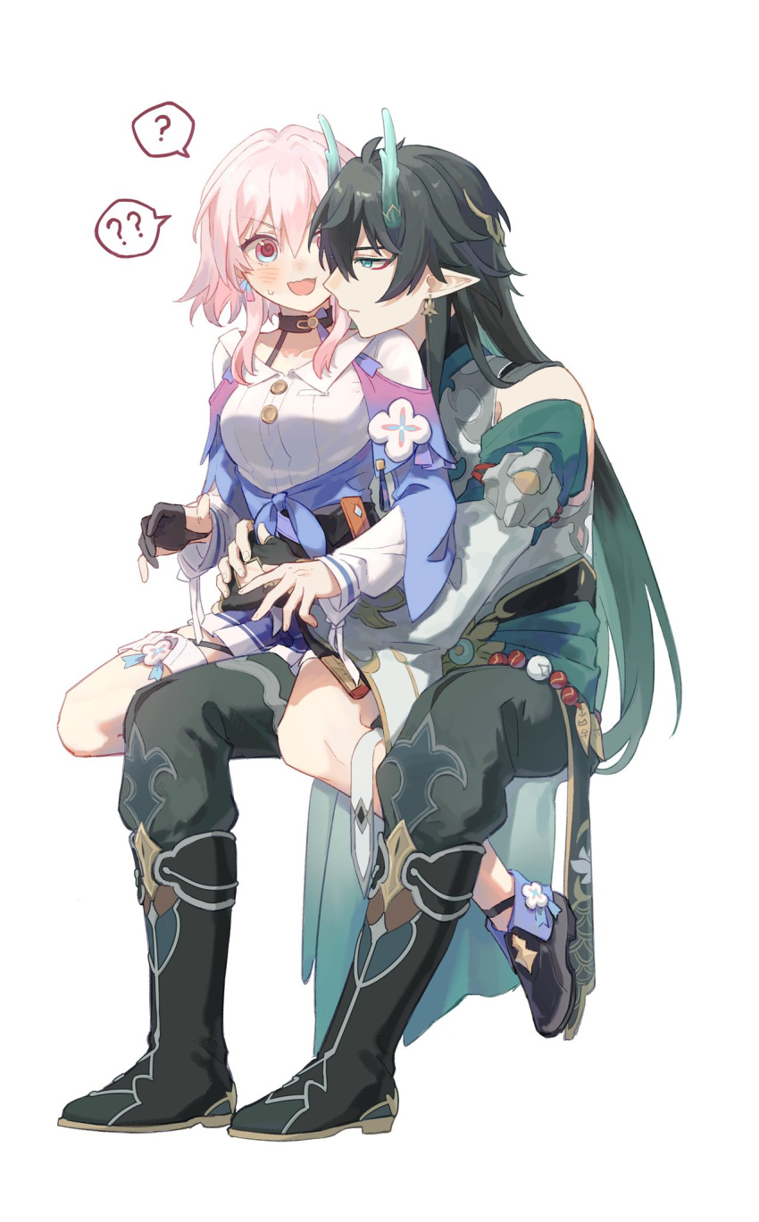 1boy 1girl aqua_eyes aqua_horns bare_shoulders black_footwear black_gloves black_hair black_pants blue_jacket blue_skirt boots coat dan_heng_(honkai:_star_rail) dan_heng_(imbibitor_lunae)_(honkai:_star_rail) de_xiang_ge_banfa_zhao_dian_fan_chi detached_sleeves gloves grey_coat hand_on_another's_waist hetero highres honkai:_star_rail honkai_(series) jacket long_hair long_sleeves march_7th_(honkai:_star_rail) medium_hair pants pink_hair pointy_ears shirt sidelocks simple_background sitting sitting_on_leg skirt very_long_hair white_background white_shirt