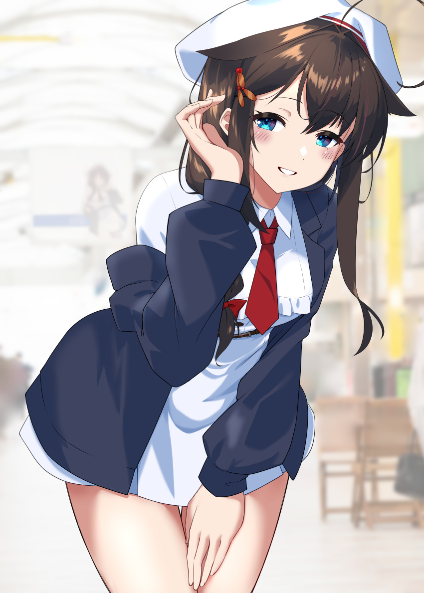 1girl absurdres ahoge beret black_coat black_hair blue_eyes braid coat dress hair_flaps hair_over_shoulder hat highres kantai_collection leaning_forward long_hair official_alternate_costume parted_lips revision shiba_(zudha) shigure_(kancolle) shigure_kai_san_(kancolle) single_braid smile solo white_dress white_headwear