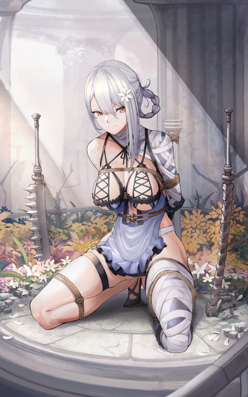 1girl arms_behind_back bandaged_arm bandaged_leg bandages bdsm bondage bound bound_arms bound_legs breasts closed_mouth commentary_request commission english_commentary flower grey_hair hair_between_eyes hair_flower hair_ornament highres kaine_(nier) kneeling large_breasts long_hair looking_at_viewer looped_braids mixed-language_commentary negligee nier nier_(series) orange_eyes outdoors paid_reward_available restrained shibari single_bare_shoulder solo thigh_strap white_flower yusha_m