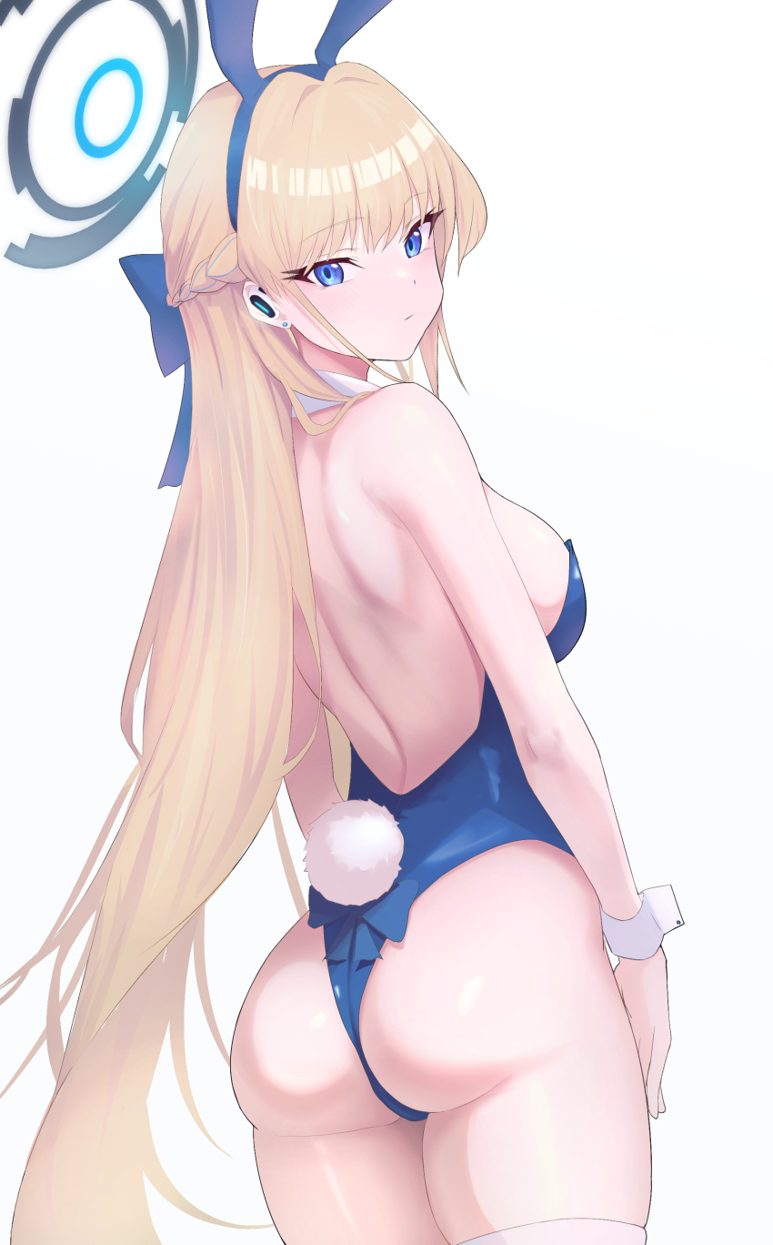1girl absurdres animal_ears ass backless_leotard bare_shoulders blonde_hair blue_archive blue_bow blue_eyes blue_hairband blue_leotard bow bowtie braid breasts closed_mouth cowboy_shot detached_collar earpiece earrings fake_animal_ears from_behind hairband highleg highleg_leotard highres jewelry leotard long_hair looking_at_viewer looking_back medium_breasts official_alternate_costume official_alternate_hairstyle playboy_bunny rabbit_ears rabbit_tail ryokuchabushi simple_background solo stud_earrings tail thighhighs thighs toki_(blue_archive) toki_(bunny)_(blue_archive) very_long_hair white_background white_thighhighs wrist_cuffs