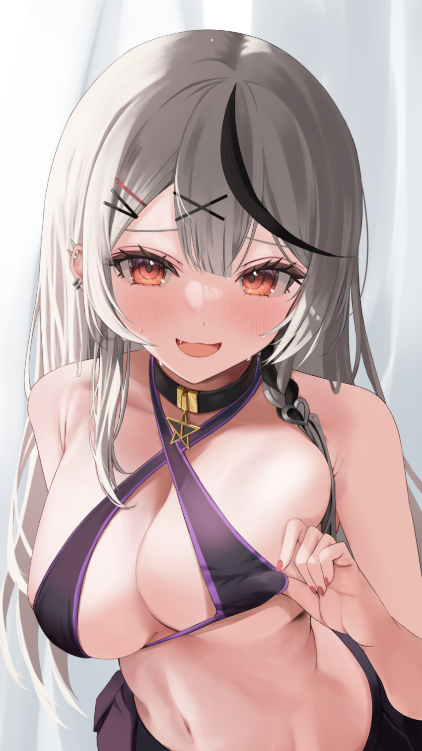 1girl absurdres ara1e bare_shoulders bikini bikini_skirt black_bikini black_hair blush braid breasts choker criss-cross_halter grey_hair hair_ornament halterneck highres hololive large_breasts long_hair looking_at_viewer multicolored_hair murasaki_shion murasaki_shion_(3rd_costume) navel open_mouth pendant_choker red_eyes sakamata_chloe sling_bikini_top smile solo stomach strap_pull streaked_hair sweat swimsuit virtual_youtuber x_hair_ornament