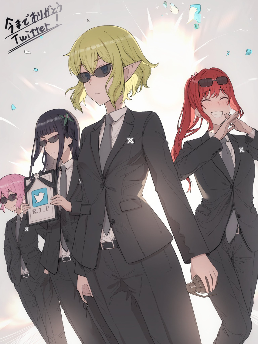&gt;_&lt; :d alise_lovell blunt_bangs business_suit commentary_request contemporary dungeon_ni_deai_wo_motomeru_no_wa_machigatteiru_darou_ka elf explosive gojouno_kaguya green_hair grenade grin hands_in_pockets highres holding holding_grenade long_sleeves lyra_(danmachi) necktie niceumeboshi pointy_ears ryu_lion short_hair smile suit sunglasses translation_request twitter xd