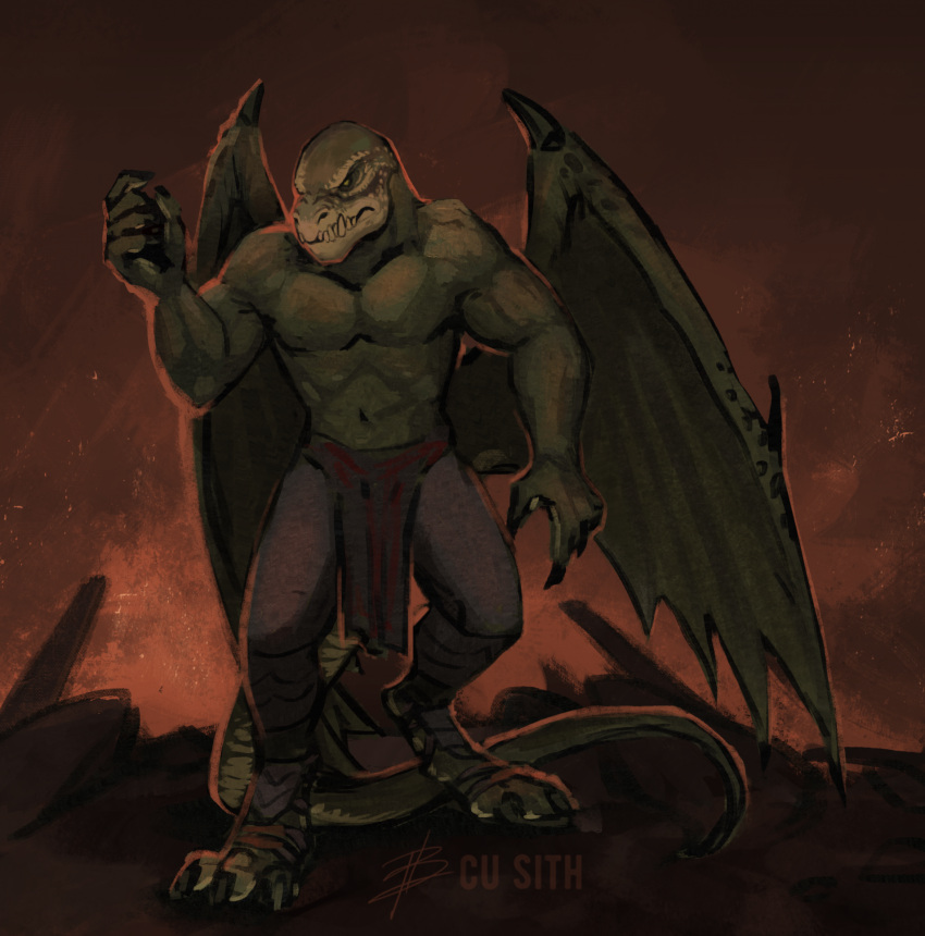 2023 anthro bottomwear clothing cu_sith_(artist) digital_media_(artwork) fire foot_wraps green_body green_scales hi_res loincloth looking_down male membrane_(anatomy) membranous_wings muscular muscular_anthro pants raised_arm sargorn scales scalie signature spread_wings standing tail teeth wing_claws wings wraps