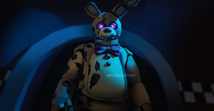 2023 absurd_res animatronic anthro artist_name blue_background bow_tie button_(fastener) checkered_wall detailed_shading digital_media_(artwork) doorway dust_in_the_light five_nights_at_freddy's five_nights_at_freddy's_(film) five_nights_at_freddy's_3 hi_res humanoid lagomorph leporid looking_at_viewer machine male mammal multicolored_body open_mouth poisonp1nk purple_eyes rabbit robot scottgames shaded simple_background solo springtrap_(fnaf) william_afton_(fnaf) yellow_body