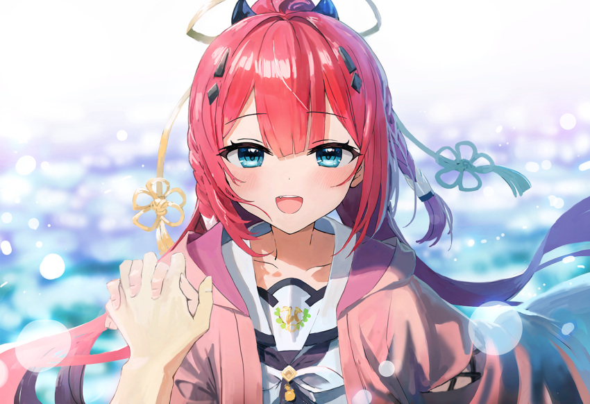 1girl :d black_bow black_neckerchief blue_eyes blurry blurry_background blush bokeh bow collarbone depth_of_field dot_nose fang hair_between_eyes hair_bow halo holding_hands hood hooded_jacket jacket kamiyama_shiki long_hair looking_at_viewer low-tied_long_hair neckerchief open_clothes open_jacket pink_jacket raised_eyebrows red_hair sailor_collar school_uniform serafuku shirt sidelocks smile solo sonchi straight-on summer_pockets teeth upper_body upper_teeth_only white_sailor_collar white_shirt