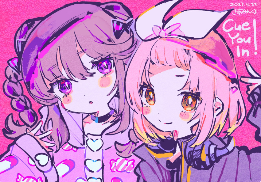 2girls bangs_pinned_back blush bow braid choker closed_mouth crossover d4dj dated denonbu double_bun hair_bow hair_bun hairband headphones heart highres inubousaki_shian inuyose_shinobu jacket kiato long_sleeves looking_at_viewer multiple_girls official_art open_mouth pink_background pink_hair purple_eyes purple_hair second-party_source short_hair signature smile twin_braids upper_body yellow_eyes