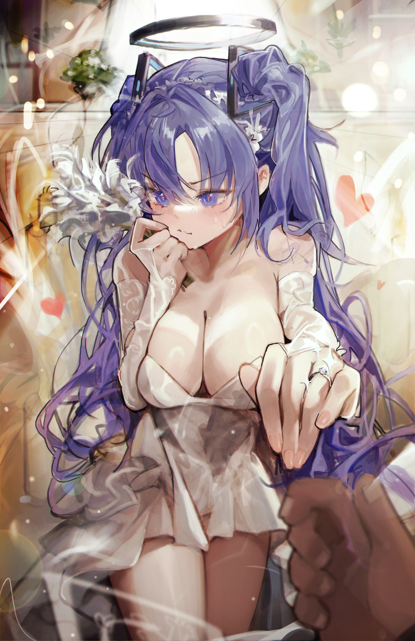 1boy 1girl absurdres alternate_costume averting_eyes blue_archive blush breasts bridal_gauntlets bride cleavage dress flower halo heart highres holding holding_flower jewelry large_breasts pov pov_hands purple_eyes purple_hair reaching reaching_towards_viewer renn_01 ring sweatdrop two_side_up wedding_ring white_dress yuuka_(blue_archive)