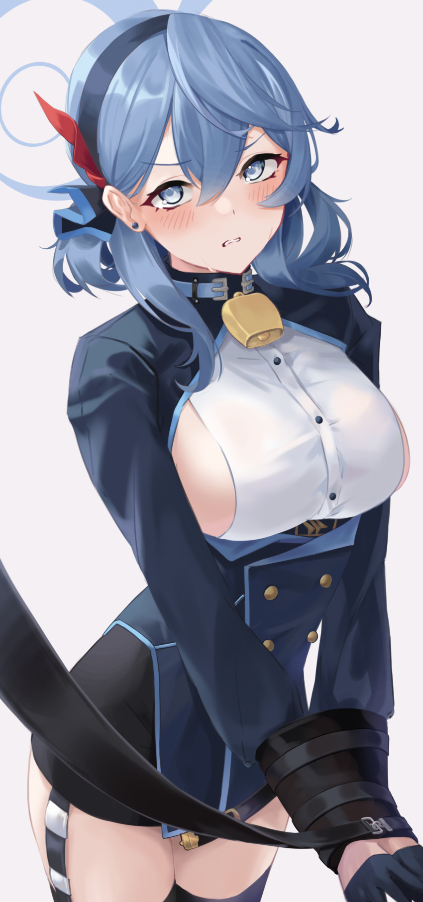 1girl absurdres ako_(blue_archive) black_gloves black_hairband black_skirt blue_archive blue_eyes blue_hair blue_halo blue_jacket blush breasts commentary cowboy_shot frown gloves hair_between_eyes hairband halo highres jacket long_hair long_sleeves looking_at_viewer pencil_skirt restrained shirt sideboob simple_background skirt smallpine_7 solo white_background white_shirt