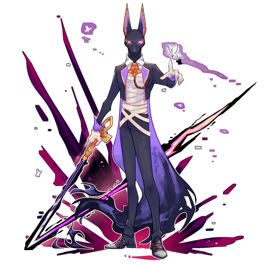ankh anthro anubian_jackal butler canid canine canis dislyte drew_(dislyte) eyewear hi_res jackal male mammal melee_weapon monocle mummy_wrappings purple_eyes rayoriens slim_male solo sword weapon
