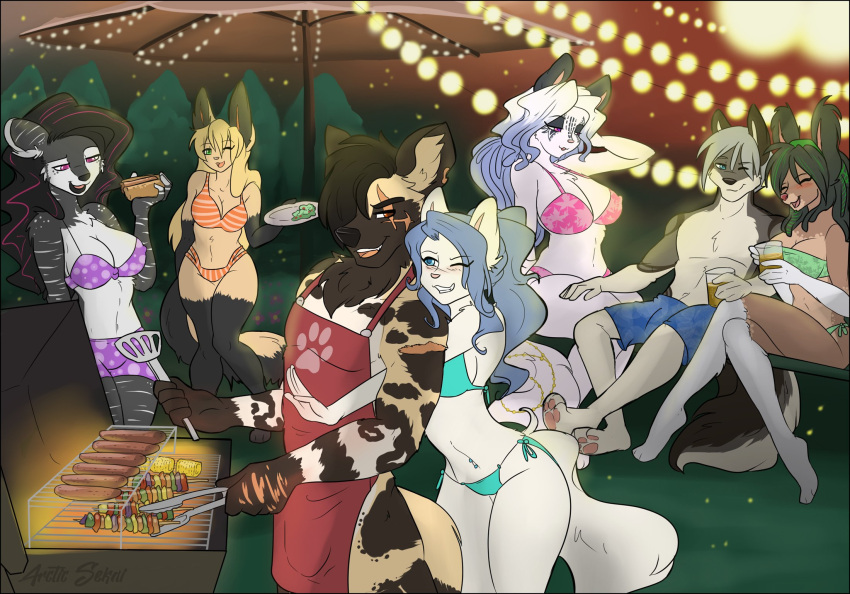 african_wild_dog alki_iczer anthro apron apron_only arctic-sekai arctic_ikume barbecue_grill bedroom_eyes bikini black_hair blonde_hair blue_hair blush breasts brown_body brown_fur canid canine canis clothed clothing drunk eyes_closed felid female fur grey_body grey_fur group hair hi_res joshua_(ghostbane) male mammal midriff narrowed_eyes navel navel_piercing piercing scar seductive striped_body striped_fur stripes substance_intoxication swimming_trunks swimwear tail tan_body tan_fur unknown_character white_body white_fur white_hair wolf