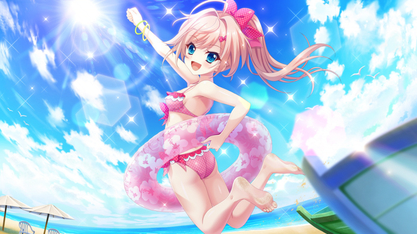 1girl :d ahoge arm_up ass barefoot beach beach_umbrella bikini blue_eyes blue_sky bow breasts canoe chair clenched_hand cloud cloudy_sky day dot_nose film_grain fisheye floral_print frilled_bikini frills from_side game_cg hair_bow high_ponytail himura_nagisa horizon innertube izumi_tsubasu jumping lens_flare looking_at_viewer non-circular_lens_flare non-web_source ocean official_art open_mouth outdoors pink_bikini pink_bow pink_hair polka_dot polka_dot_bikini polka_dot_bow print_innertube re:stage! sand_on_skin sky small_breasts smile solo sparkle sun swimsuit toes umbrella
