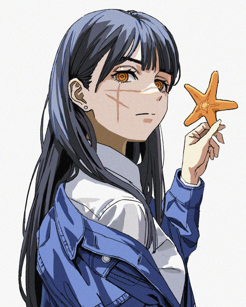1girl black_hair chainsaw chainsaw_man collared_shirt commentary cross_scar earrings highres holding jacket jewelry off_shoulder open_clothes open_jacket range_eyes ringed_eyes scar scar_on_cheek scar_on_face scar_on_nose shiren_(ourboy83) shirt solo starfish symbol-only_commentary white_background yoru_(chainsaw_man)