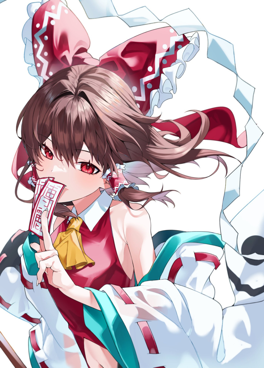 1girl 4696_moi ascot bare_shoulders between_fingers bow brown_hair clothing_cutout collared_shirt commentary covered_mouth detached_sleeves fingernails frilled_bow frilled_hair_tubes frills gohei green_trim hair_between_eyes hair_tubes hakurei_reimu hand_up highres holding holding_gohei long_sleeves looking_at_viewer medium_hair navel navel_cutout ofuda ofuda_between_fingers print_bow red_bow red_eyes red_shirt ribbon-trimmed_sleeves ribbon_trim see-through see-through_sleeves shirt simple_background sleeveless sleeveless_shirt solo touhou touhou_gensou_eclipse upper_body white_background white_sleeves wide_sleeves yellow_ascot