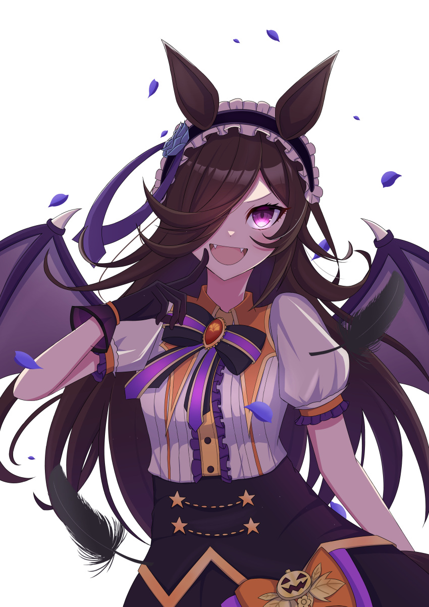 1girl absurdres animal_ears aramid_(prism_dopant) bat_wings black_feathers black_gloves black_hair blue_flower blue_rose center_frills fangs feathers finger_to_mouth flower frilled_hairband frills gloves hair_over_one_eye hairband halloween halloween_costume highres horse_ears horse_girl index_finger_raised jack-o'-lantern_ornament long_hair looking_at_viewer official_alternate_costume open_mouth puffy_short_sleeves puffy_sleeves purple_wings rice_shower_(make_up_vampire!)_(umamusume) rice_shower_(umamusume) rose short_sleeves smile umamusume white_background wings