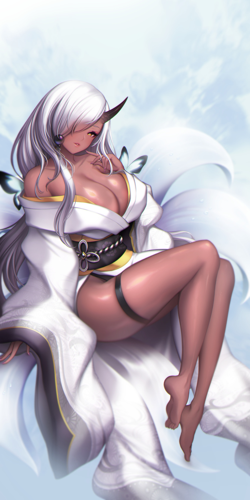 1girl absurdres barefoot breasts character_request cleavage dark-skinned_female dark_skin furisode hair_over_one_eye highres horns japanese_clothes kimono large_breasts long_hair looking_at_viewer obi sash single_horn solo thigh_strap toriseru_(rare_stone) trickcal very_long_hair white_hair white_kimono wide_sleeves yellow_eyes