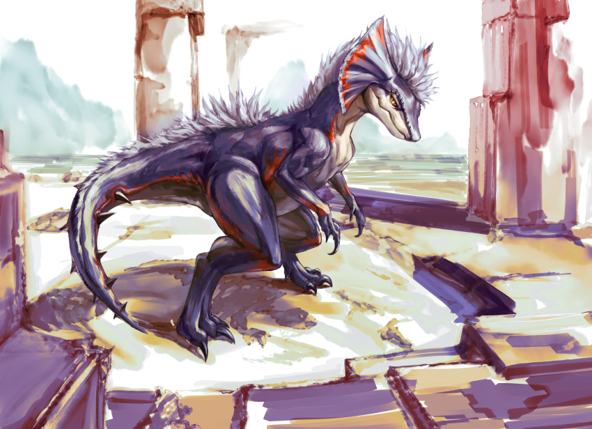 bird_wyvern capcom claws digital_media_(artwork) digital_painting_(artwork) digitigrade ear_frill facial_spikes frill_(anatomy) hi_res jaggi ledove looking_at_viewer male membrane_(anatomy) membranous_frill mohawk monster_hunter muscular outside pupils purple_body purple_scales ruins scales scalie slit_pupils solo spiked_tail spikes spikes_(anatomy) toe_claws yellow_eyes