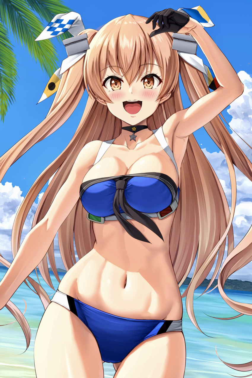 1girl :d absurdres arm_up armpits ass_visible_through_thighs bikini black_choker black_gloves blue_bikini blue_sky blush breasts brown_eyes choker cleavage cloud collarbone gloves hair_between_eyes hair_ornament headgear highres ichikawa_feesu johnston_(kancolle) kantai_collection large_breasts light_brown_hair long_hair looking_at_viewer medium_breasts navel ocean official_alternate_costume open_mouth outdoors palm_leaf single_glove sky smile solo star_(symbol) star_choker swimsuit two_side_up water