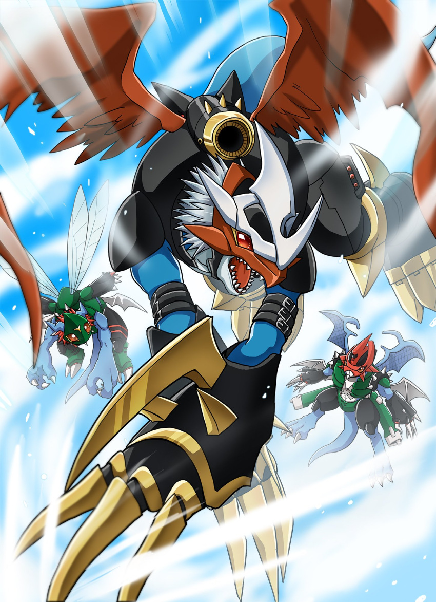 3others armor blue_sky bug claws digimon digimon_(creature) dinobeemon flying highres imperialdramon_dragon_mode multiple_others no_humans open_mouth outdoors paildramon shiki_digi sky tail wings