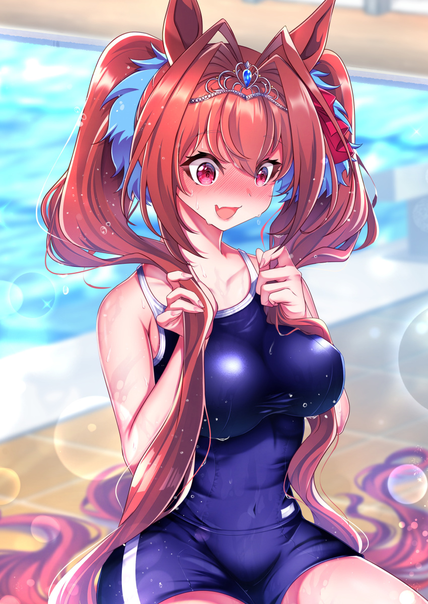 1girl @_@ absurdres animal_ears blush breasts brown_hair bubble covered_navel crown daiwa_scarlet_(umamusume) embarrassed hair_between_eyes hair_ornament hero_(10cl3) highres horse_ears horse_girl large_breasts long_hair nose_blush open_mouth pool red_eyes school_swimsuit solo swimsuit umamusume very_long_hair