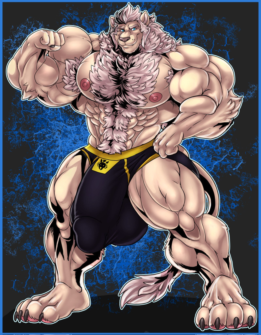 abs anthro areola armpit_hair barefoot biceps big_bulge big_muscles body_hair bottomwear bulge chest_hair claws clothed clothing digital_media_(artwork) feet felid flexing flexing_bicep fur hair happy_trail hi_res huge_bulge hyper hyper_bulge lion looking_at_viewer male mammal muscular muscular_anthro muscular_male nipples pantherine pecs simple_background smile solo standing tail toes topless underwear xibalbakat