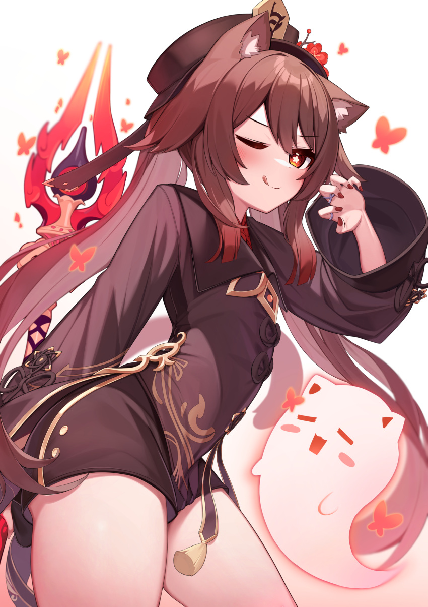 1girl ;q absurdres animal_ears black_headwear black_shorts boo_tao_(genshin_impact) brown_hair cat_ears claw_pose deaver genshin_impact ghost hat highres hu_tao_(genshin_impact) long_hair long_sleeves looking_at_viewer one_eye_closed polearm porkpie_hat red_eyes short_shorts shorts solo staff_of_homa_(genshin_impact) thighs tongue tongue_out twintails weapon