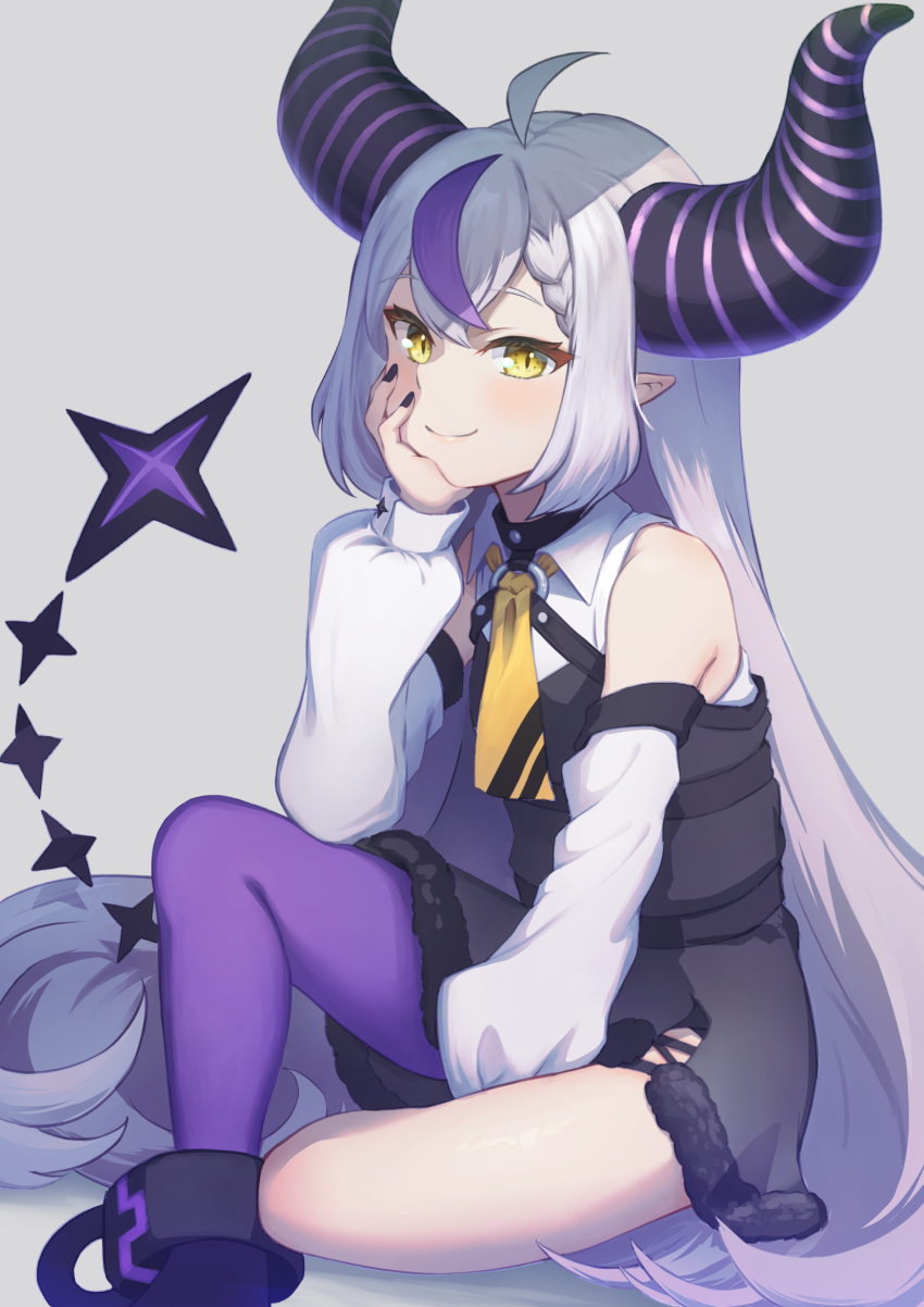 1girl ankle_cuffs aonikuro ascot bare_shoulders between_legs black_horns black_nails braid braided_bangs detached_sleeves grey_hair hand_between_legs hand_on_own_face highres hololive horns la+_darknesss la+_darknesss_(1st_costume) long_hair multicolored_hair pantyhose pointy_ears purple_hair purple_pantyhose single_leg_pantyhose sitting streaked_hair striped_horns virtual_youtuber yellow_ascot