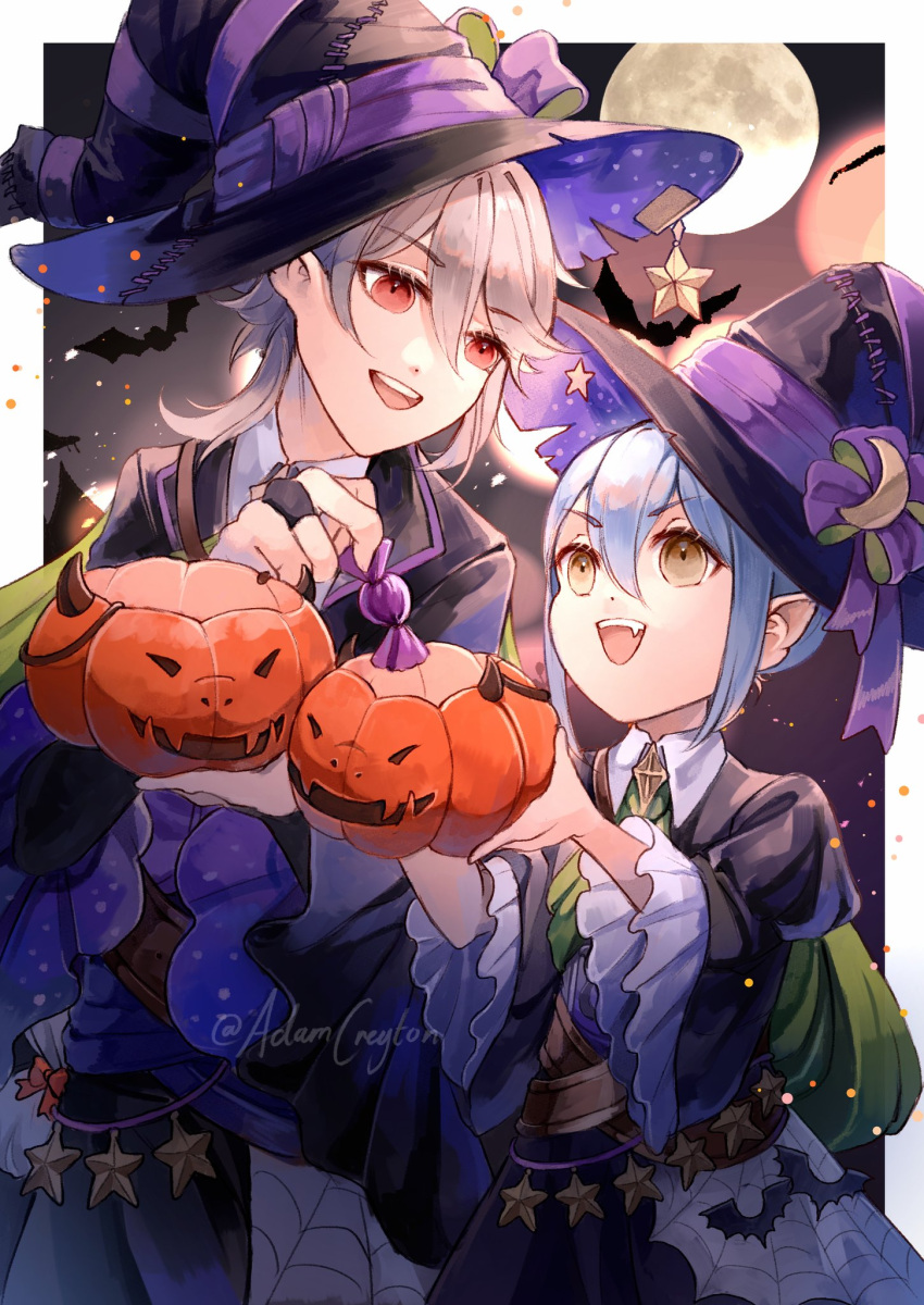 1boy 1girl alternate_costume animal bat_(animal) black_dress black_headwear blue_hair brown_eyes candy commentary commission corrin_(fire_emblem) corrin_(male)_(fire_emblem) corrin_(male)_(halloween)_(fire_emblem) creyton dress english_commentary fang father_and_daughter fire_emblem fire_emblem_fates fire_emblem_heroes food grey_hair halloween halloween_costume hat highres holding holding_candy holding_food holding_pumpkin holding_vegetable kana_(female)_(fire_emblem) kana_(fire_emblem) looking_to_the_side moon official_alternate_costume pointy_ears pumpkin red_eyes short_hair smile teeth twitter_username upper_teeth_only vegetable wide_sleeves witch_hat