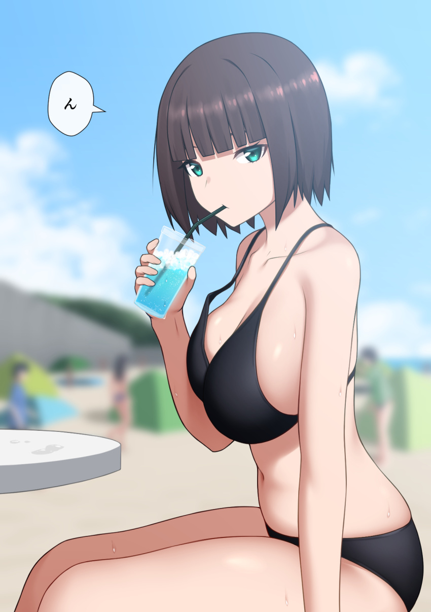 1girl aqua_eyes arm_at_side bare_shoulders beach bikini black_bikini blue_sky blunt_bangs blurry blurry_background bob_cut breasts brown_hair cleavage closed_mouth cloud collarbone commentary_request cup day drink drinking drinking_glass drinking_straw from_side hand_up highres holding holding_cup holding_drink ice ice_cube large_breasts legs_together looking_at_viewer maanii navel original outdoors shiny_skin short_hair sidelocks sitting sky solo_focus speech_bubble stomach sweat swimsuit table thighs translation_request variant_set