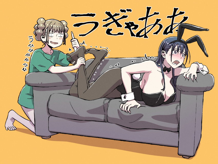 2girls animal_ears black_bow black_bowtie black_eyes black_hair black_pantyhose blush bou bow bowtie braid braided_bun breasts brown_hair character_request cleavage commentary_request constricted_pupils couch detached_collar double_bun fake_animal_ears fake_tail foot_tickling fuu-chan_(fuu-chan_no_ana) fuu-chan_no_ana hair_bun highres huge_breasts kneeling long_hair multiple_girls pantyhose playboy_bunny rabbit_ears rabbit_tail shirt t-shirt tail tears traditional_bowtie translation_request v-shaped_eyebrows wrist_cuffs