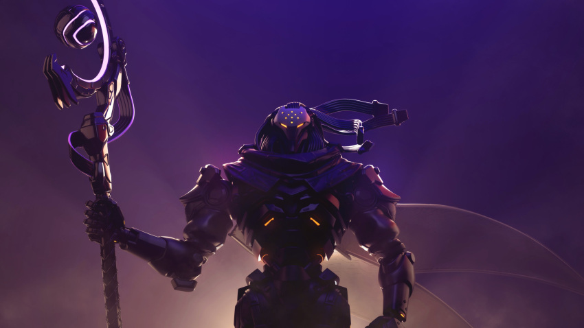 1boy absurdres artificial_eye cape cyborg highres holding holding_staff holding_weapon male_focus mechanical_arms mechanical_eye mechanical_parts official_art official_wallpaper overwatch overwatch_2 purple_background ramattra_(overwatch) robot simple_background solo staff standing upper_body weapon yellow_eyes