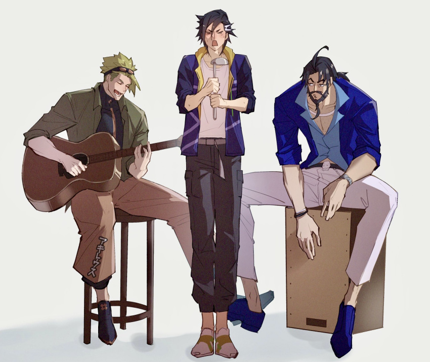 3boys achilles_(fate) acoustic_guitar beard belt black_bow black_footwear black_hair black_pants black_shirt blue_footwear blue_jacket bow closed_eyes edward_teach_(fate) facial_hair fate/grand_order fate_(series) goggles goggles_on_head green_jacket guitar hair_between_eyes haruakira highres holding holding_guitar holding_ladle instrument jacket ladle male_focus mandricardo_(fate) multiple_boys music open_mouth orange_pants pants playing_guitar shirt singing sitting standing stool white_background white_belt white_footwear white_pants