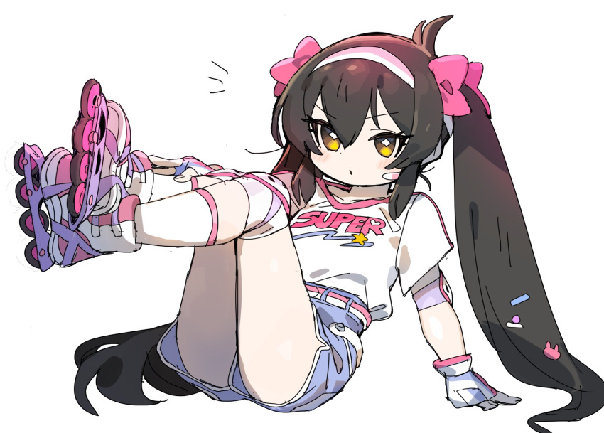 1girl alternate_costume arm_support bandaid bandaid_on_face belt black_hair blue_shorts blush bow bright_pupils chibi collarbone commentary_request cowlick dolphin_shorts elbow_pads english_text feet_up fingerless_gloves gloves hair_bow hairband hand_on_own_leg highres idolmaster idolmaster_cinderella_girls inline_skates knee_pads kneehighs leaning_back long_hair looking_at_viewer matoba_risa multiple_hair_bows notice_lines pink_bow print_shirt roller_skates shirt shirt_tucked_in short_shorts short_sleeves shorts sidelocks simple_background sitting skates socks solo spawnfoxy t-shirt text_print v-shaped_eyebrows very_long_hair white_background white_gloves white_hairband white_pupils white_socks yellow_eyes