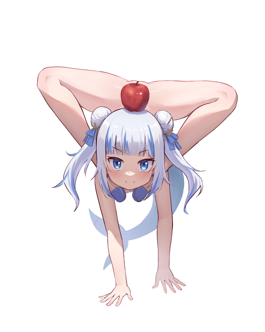 1girl absurdres alternate_hairstyle apple arm_support ballet_slippers blue_eyes blue_footwear commentary_request contortion convenient_censoring double_bun fins fish_tail flexible food food_on_head fruit gawr_gura hair_bun highres hirotaka0125 hololive hololive_english looking_at_viewer nude object_on_head paid_reward_available partially_visible_vulva shark_tail sidelocks smile solo straight-on tail transparent_background two_side_up virtual_youtuber