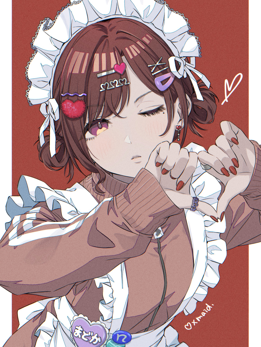 1girl ;o absurdres apron blush brown_hair fingernails frilled_apron frills hair_ornament hair_rings hairclip hairpin heart heart_hands highres higuchi_madoka idolmaster idolmaster_shiny_colors jacket jersey_maid jewelry looking_at_viewer maid mole mole_under_eye momomoi_momoi nail_polish name_tag one_eye_closed open_clothes open_jacket pillarboxed ring simple_background solo unconventional_maid white_apron