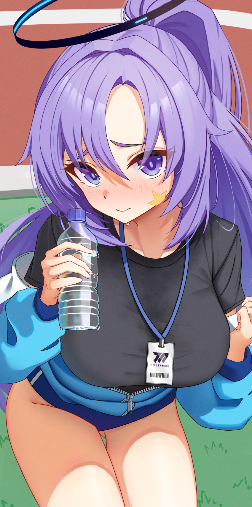 1girl absurdres black_shirt blue_archive blue_buruma blush bottle breasts buruma half_updo halo highres holding holding_bottle jacket jacket_partially_removed lanyard large_breasts looking_at_viewer mcbox official_alternate_costume on_ground parted_bangs partially_unzipped ponytail purple_eyes purple_hair shirt sitting smile solo star_(symbol) star_sticker sticker_on_face sweatdrop track_jacket water_bottle yuuka_(blue_archive) yuuka_(track)_(blue_archive)