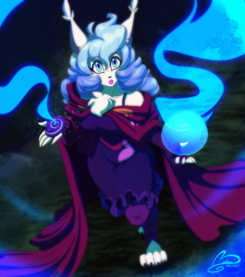 anthro bare_shoulders blue_eyes blue_hair canid canine canis cloak clothing curled_hair female fur hair hi_res lipstick long_hair looking_up magic magic_user makeup mammal ooo-belise-ooo solo walking watermark white_body white_fur wolf