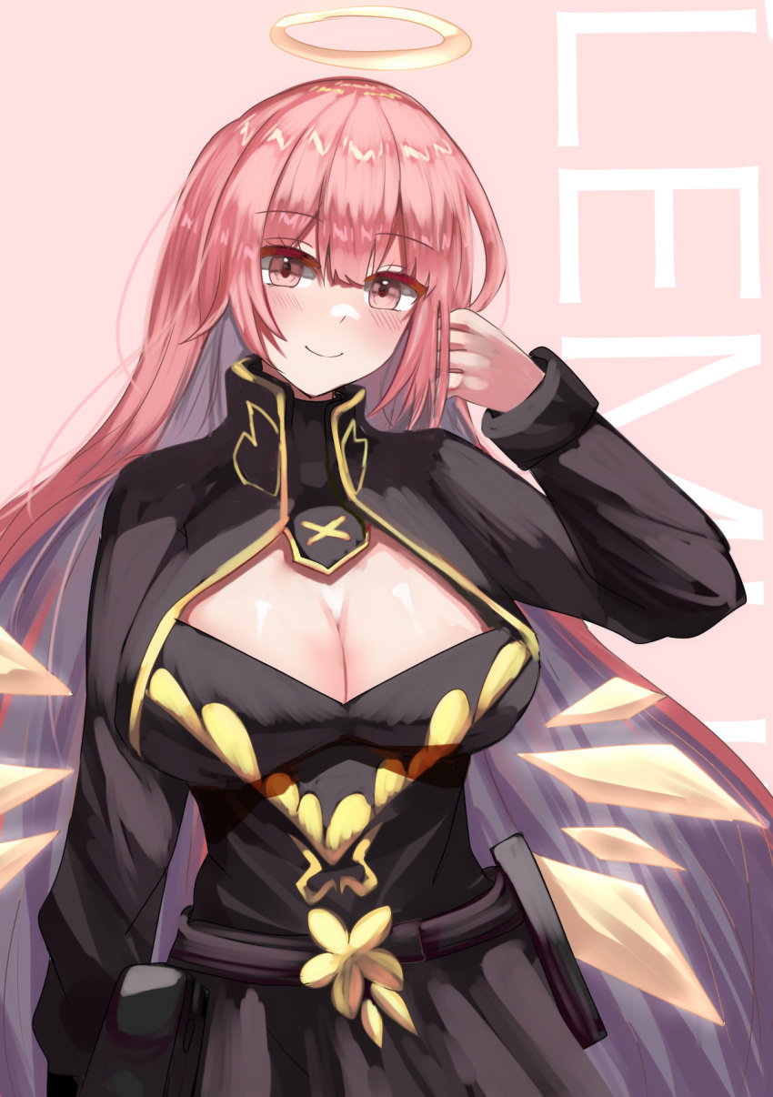 1girl alternate_breast_size arknights arm_up belt belt_pouch black_dress blue_sealad blush breasts character_name cleavage cleavage_cutout closed_mouth clothing_cutout cowboy_shot detached_wings dress energy_wings halo highres large_breasts lemuen_(arknights) long_hair long_sleeves looking_at_viewer pink_background pink_eyes pink_hair pouch simple_background smile solo very_long_hair wings