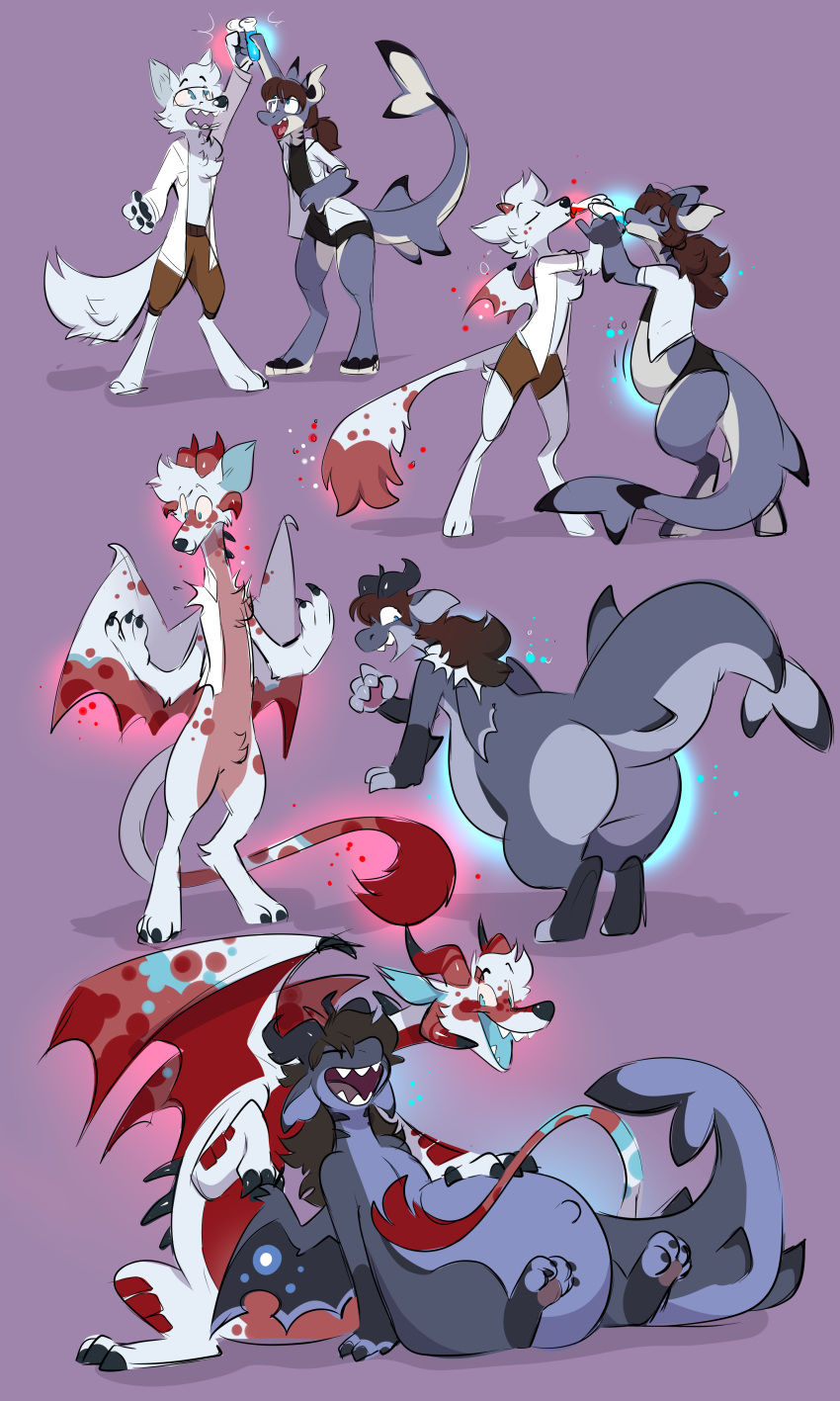 absurd_res anthro belly big_belly big_butt butt canid canine canis comic dragon drinking duo feral fish friends happy hi_res magic male mammal marine olive_cow potion shark transformation transformation_potion transformation_sequence transformation_through_magic wolf
