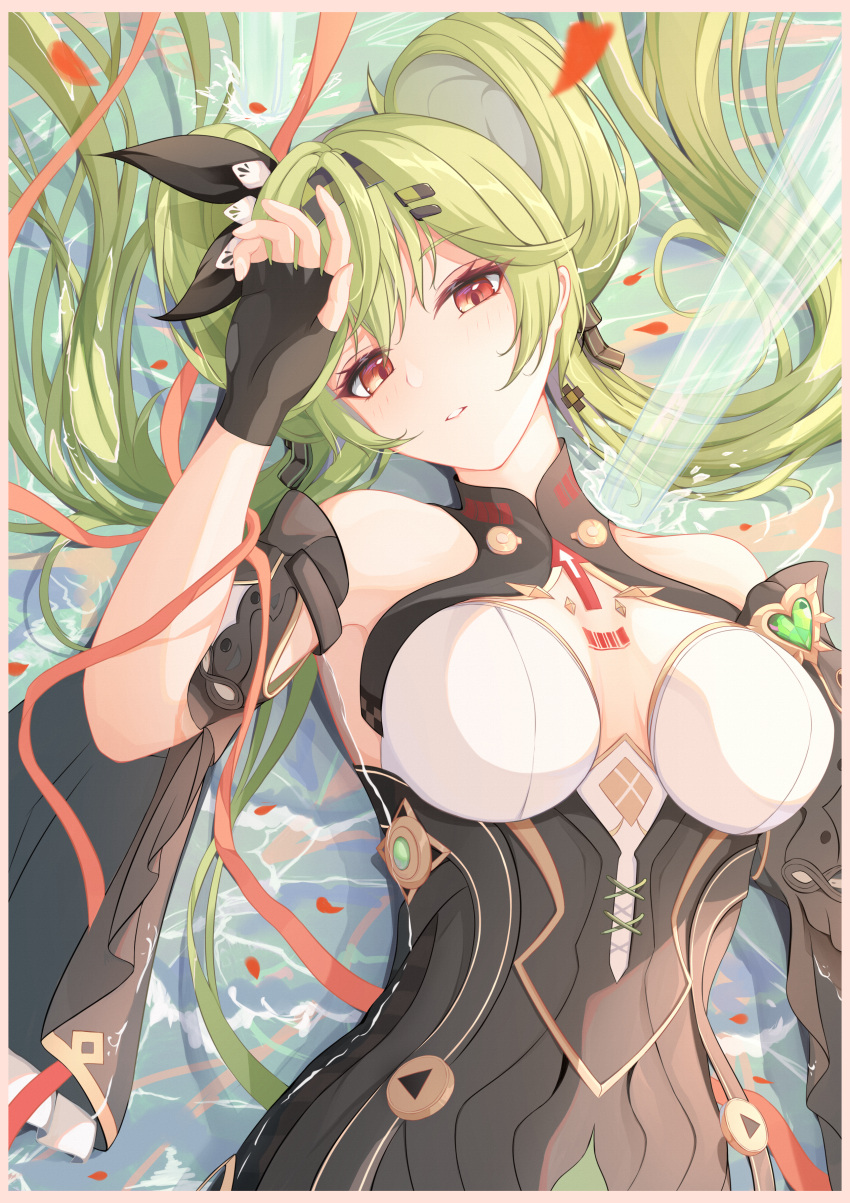 1girl absurdres ai-chan_(chrono_navi)_(honkai_impact) ai-chan_(honkai_impact) bare_shoulders black_dress black_gloves blackheart` breasts chinese_commentary commentary commentary_request dress earrings fingerless_gloves gloves green_hair hair_ornament highres honkai_(series) honkai_impact_3rd jewelry long_hair looking_at_viewer lying on_back parted_lips petals red_eyes solo twintails water