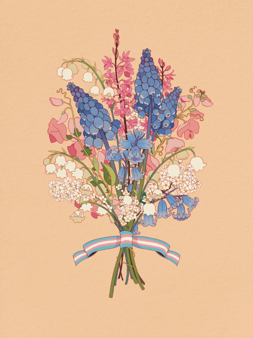 blue_flower bouquet calocera flower flower_focus flower_request highres leaf lily_of_the_valley no_humans original pink_flower plant ribbon simple_background striped striped_ribbon transgender_flag white_flower yellow_background